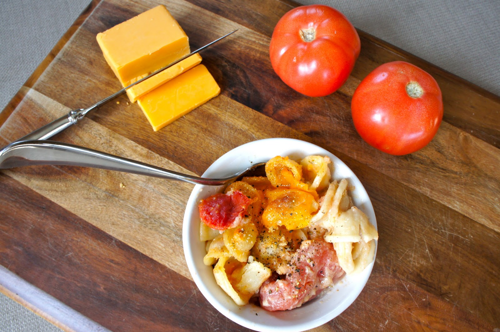 Table for Two. Baked Macaroni and Cheese with Stewed Tomatoes
