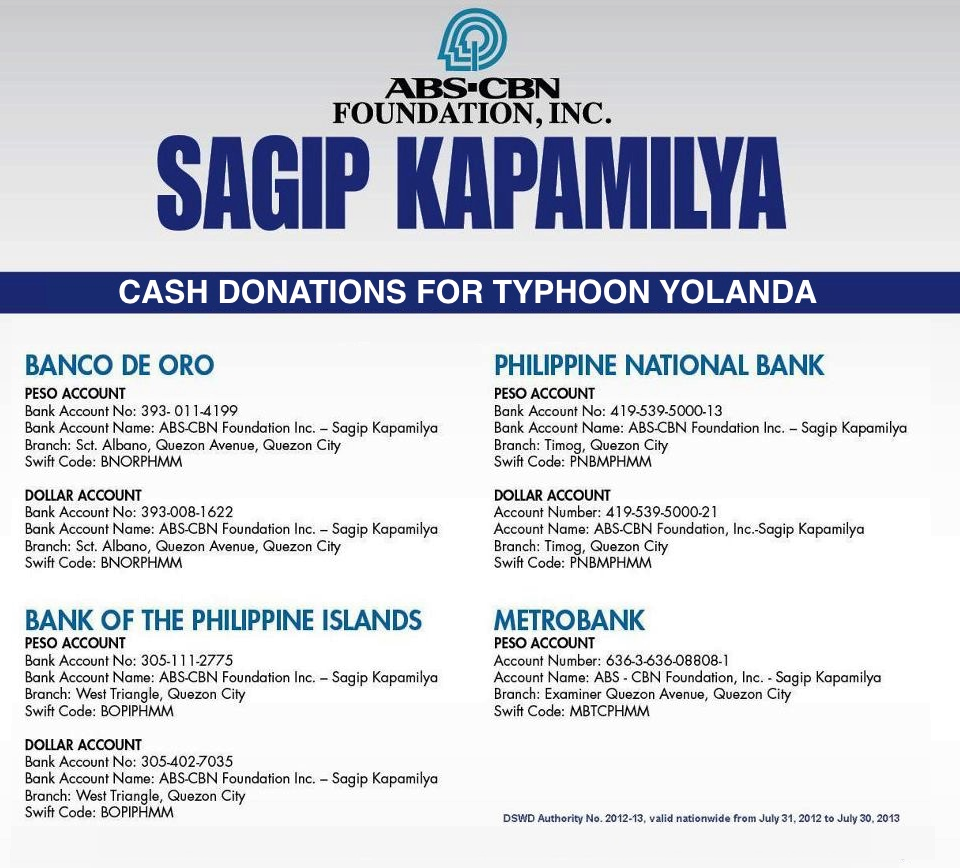 ABSCBN Foundation Sagip Kapamilya bank accounts for Typhoon Yolanda