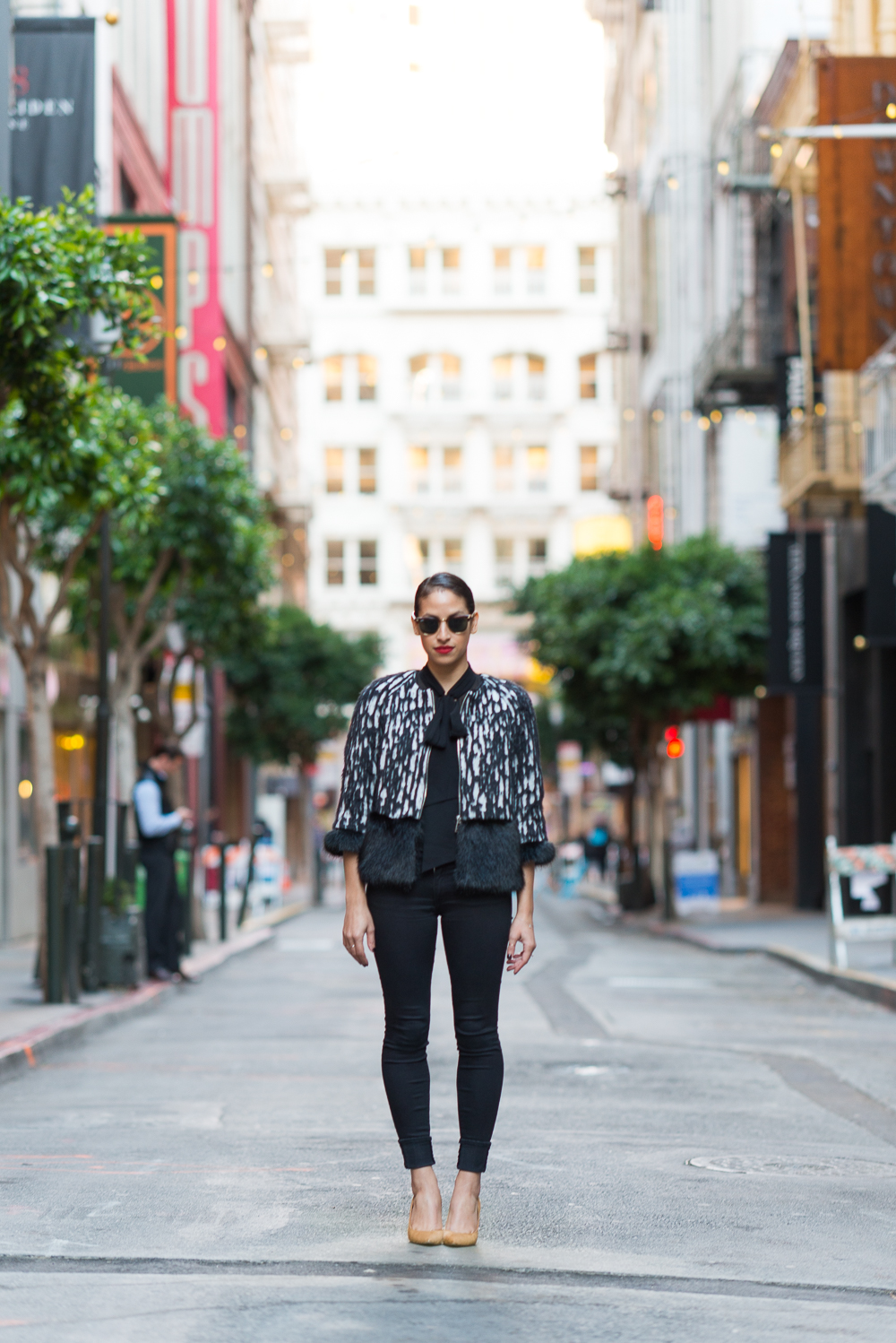 Allergic to Vanilla- SF style blog holiday look, holiday ready look, matte red lipstick, the perfect red lip, French Connection Birch Faux fur coat, French Connection holiday collection, SF Maiden Lane