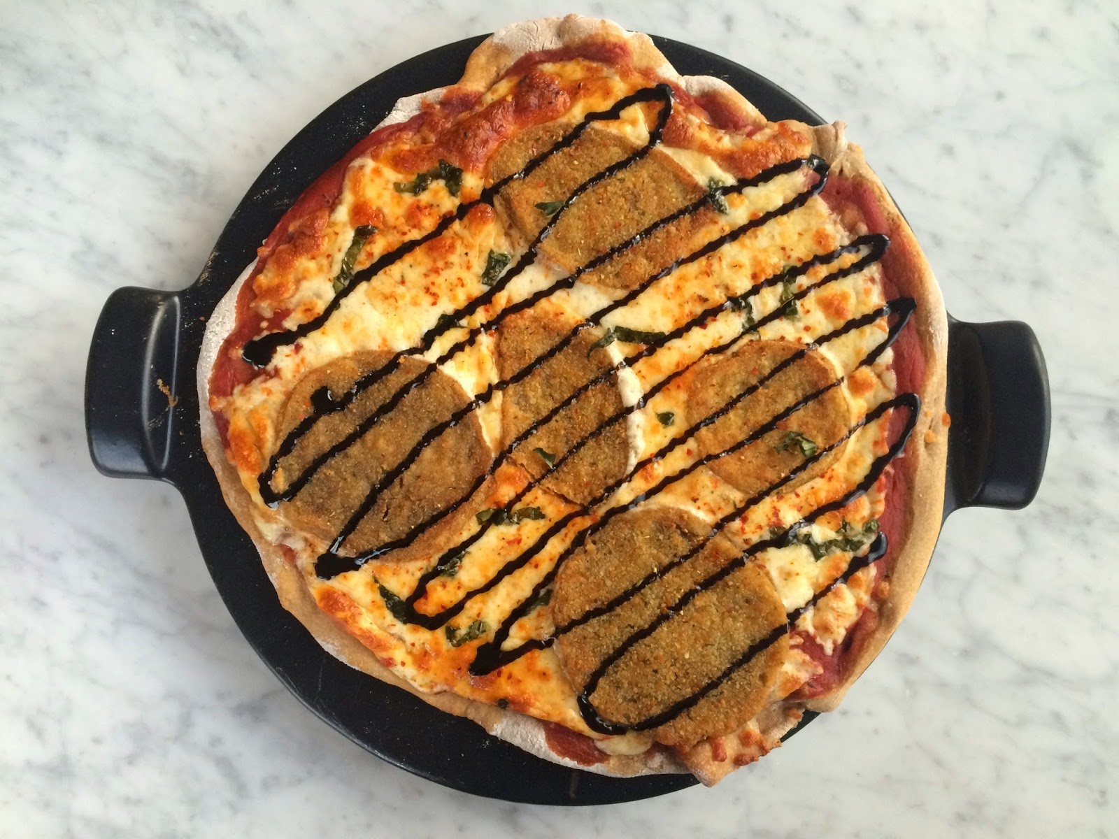 Life with a Dash of Whimsy Fried Eggplant Pizza with Honey Balsamic Glaze