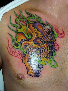 Skull tattoo design on Guys Chest. Skull with Fire/flames tattoo