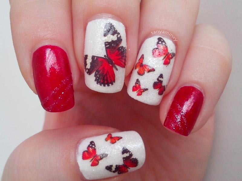 Red and white sparkle butterflies water decals bps nails nail art nail design mani