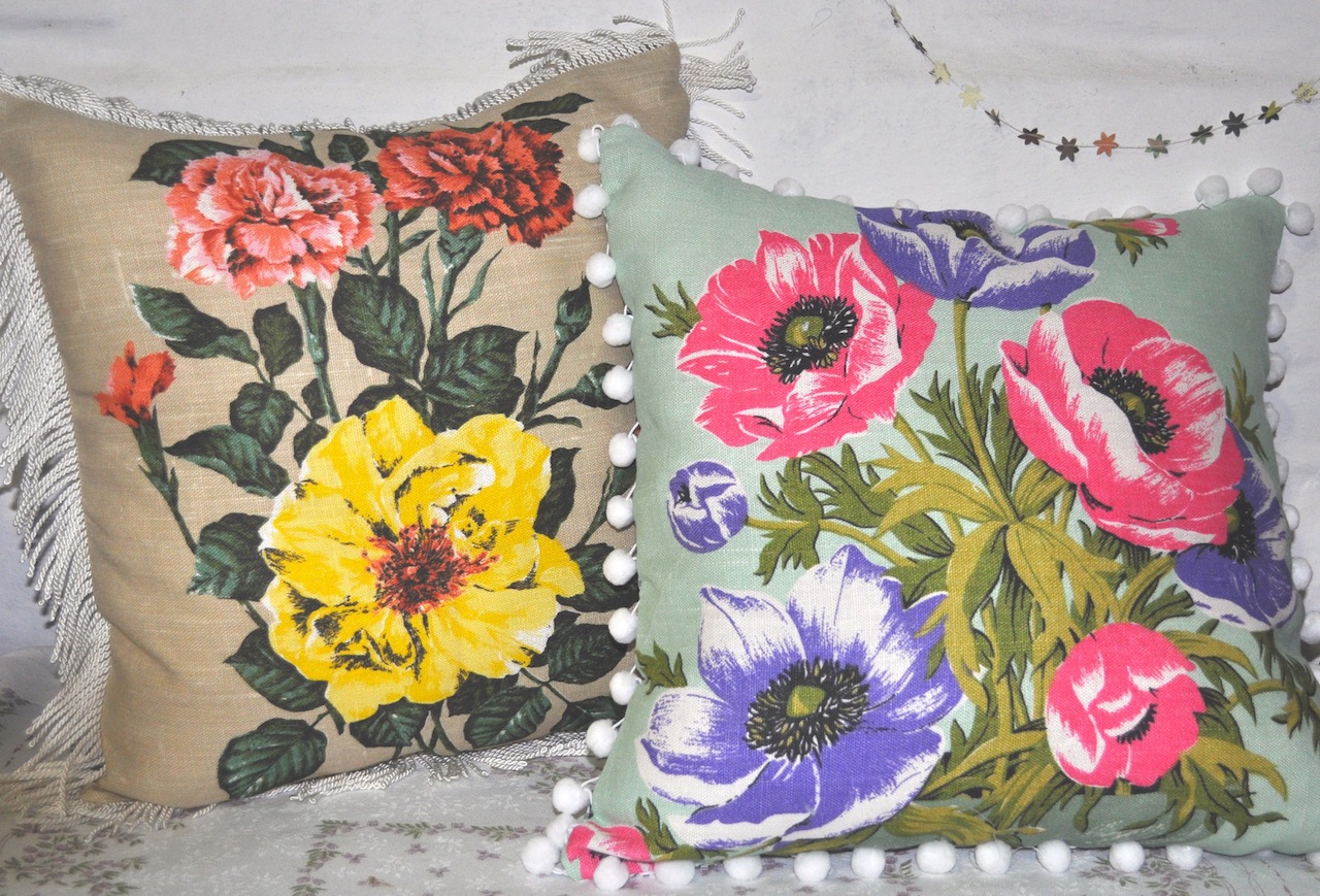 collecting feathers Vintage tea towel cushions