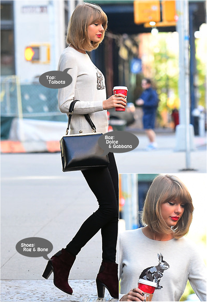 Celeb Fashion Style Taylor Swift テイラー スウィフト 大人可愛い ウサギ柄の白セーター取り入れたシンプルコーデ