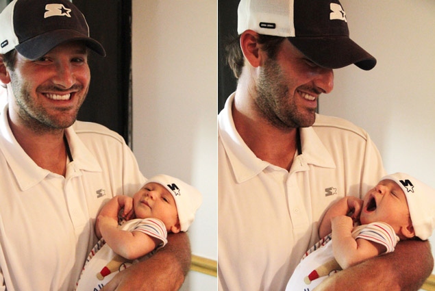 Tony Romo and Son Crawford pose for Starter promotional ads