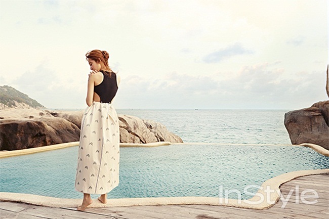 InStyle Korea March 2015, Gong Hyo Jin 孔孝真 Dior 2015 SS Black Knit Top and Embroidered Tulip Skirt Editorials