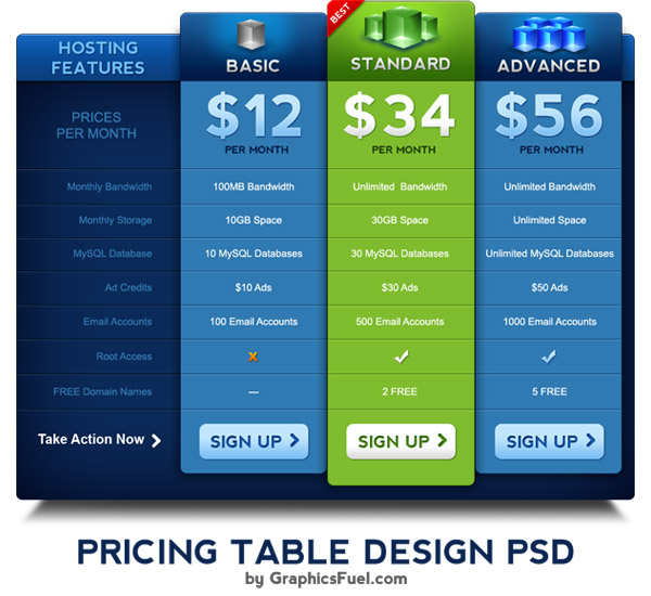 Elegant Pricing Table UI Element PSD Template Free