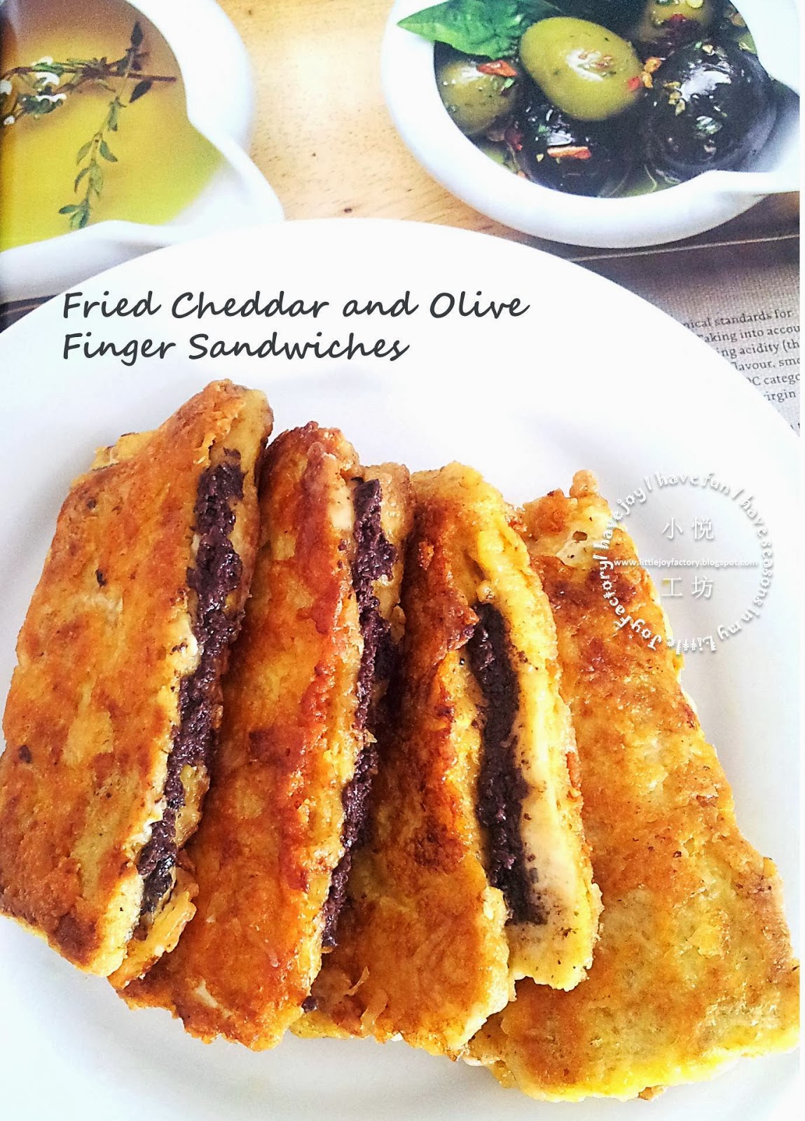 Fried Cheddar and Olive Finger Sandwiches