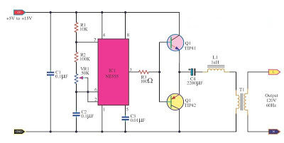 DC to AC Inverter by IC 555 Circuit Diagram