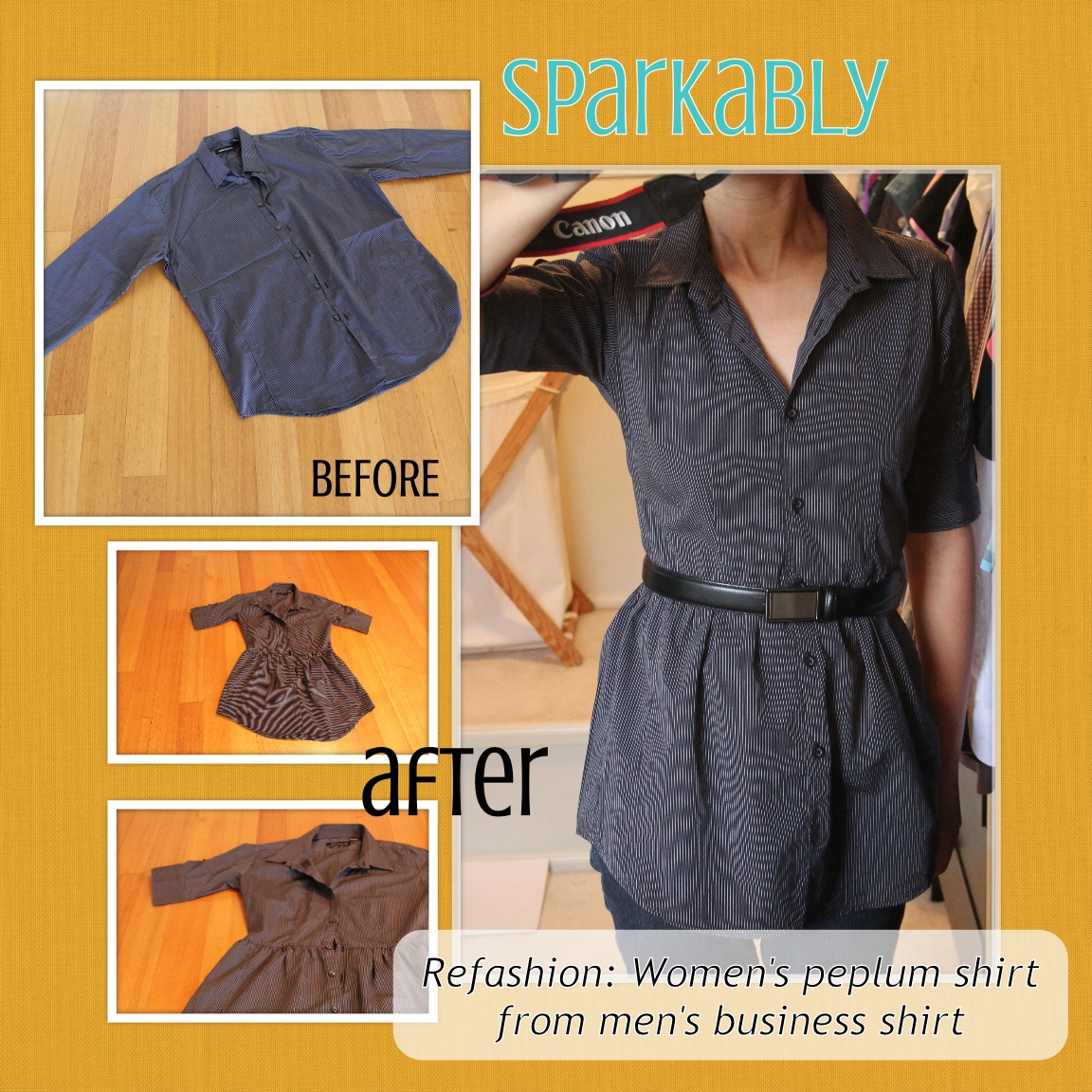 Sparkably Refashion Tutorial Men’s shirt to women’s peplum shirt