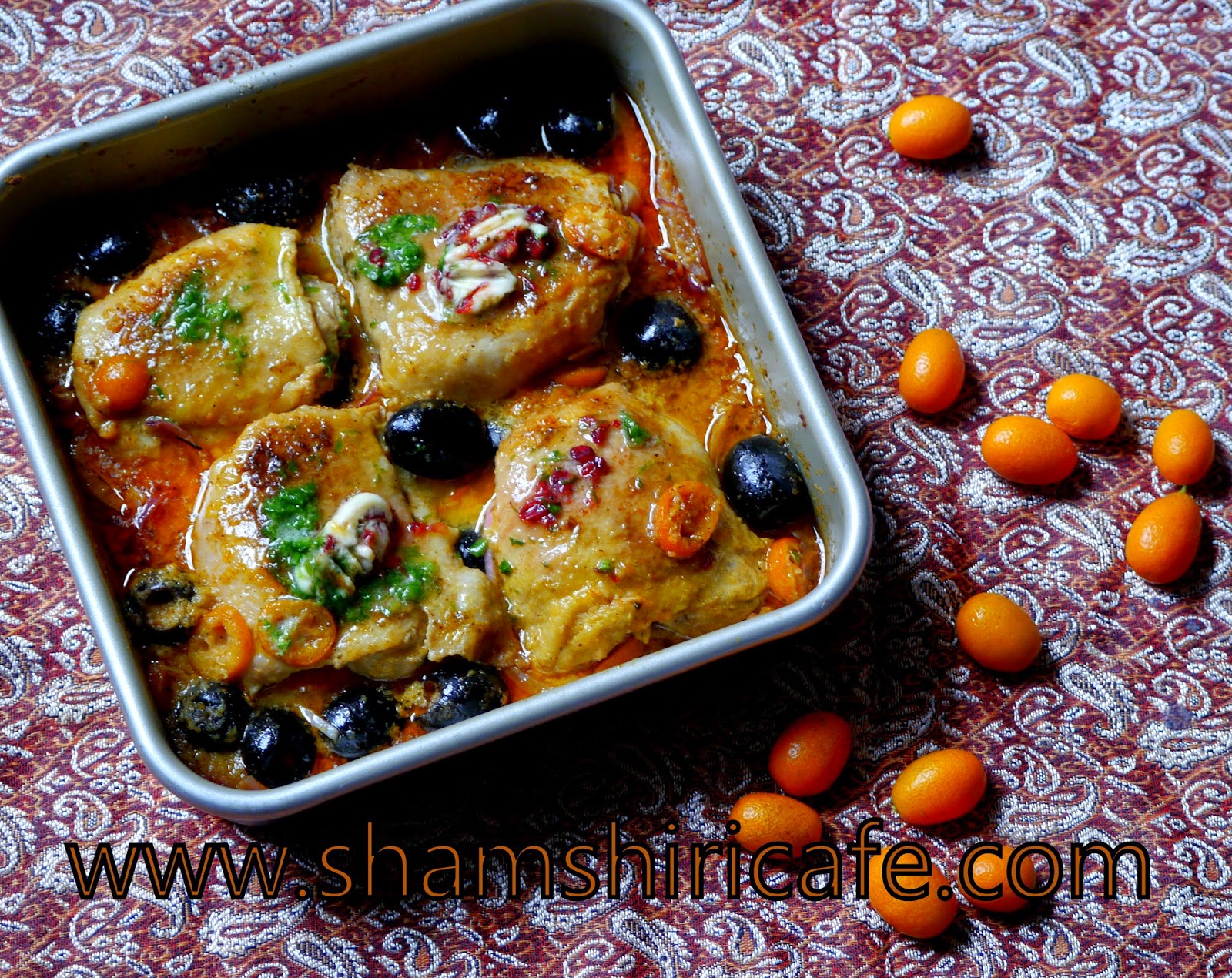 Kumquat and olive braised chicken thighs