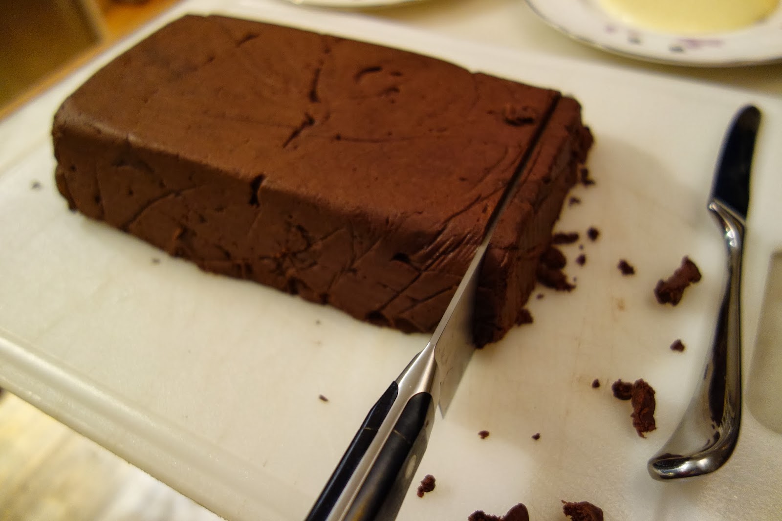 milk and blackberries Chocolate Terrine with Creme Anglaise and Pistachios