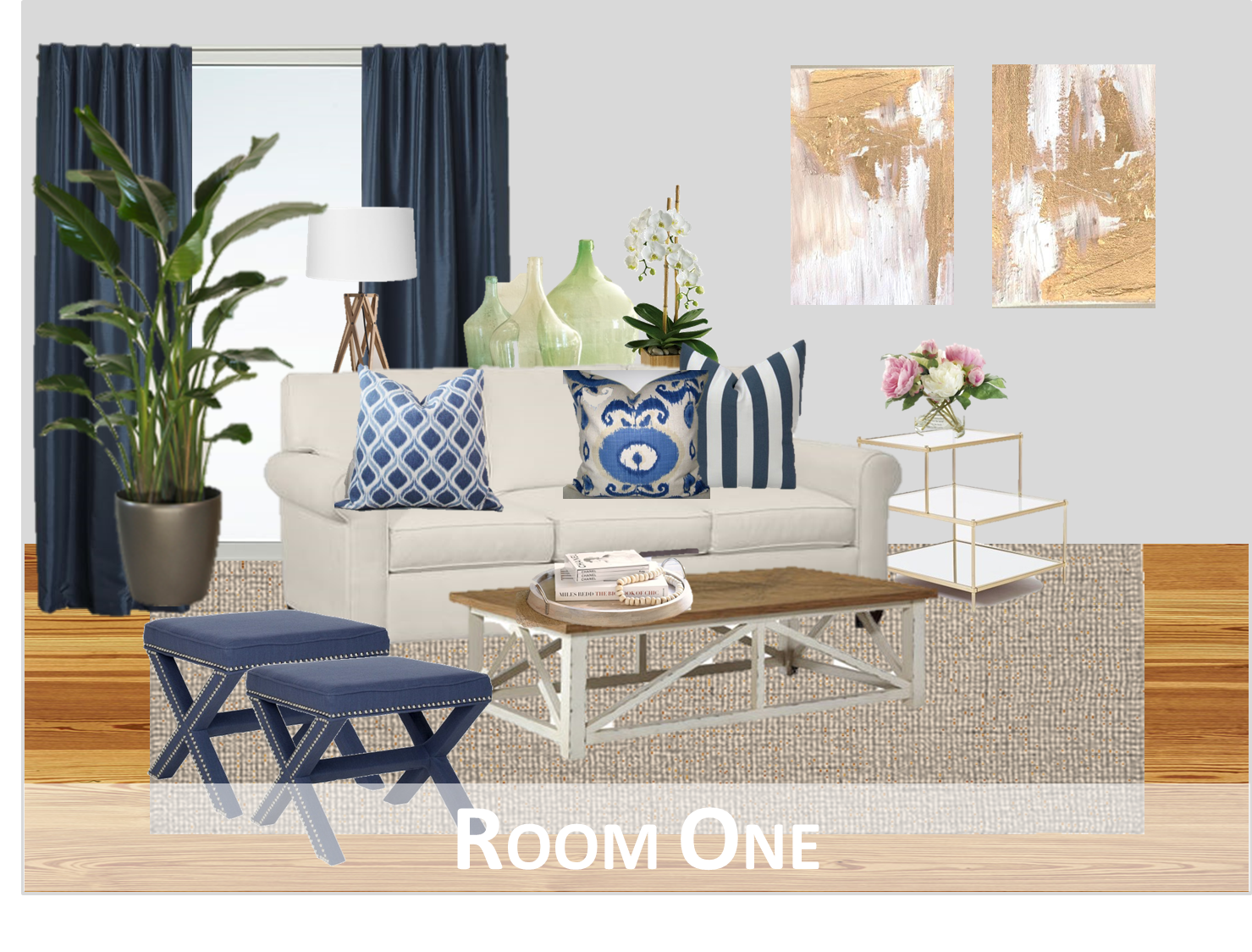 Room One Here We Brought In Color Through The Navy Curtains Stools And Patterned Blue White Throw Pillows Rest Of Is Very Neutral Room One Here We Brought In Color Through The Navy Curtains Stools And Patterned Blue White Throw Pillows Rest Of Is Very Neutral