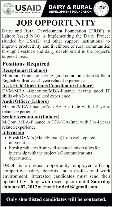 Careers at Dairy and Rural Development Foundation Lahore