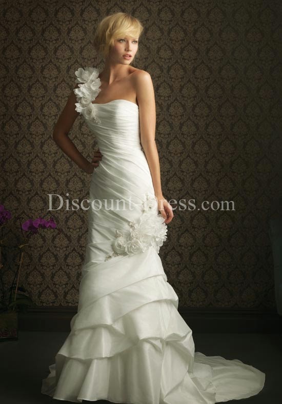  Mermaid One-Shoulder Floor Length Attached Silk-like Taffeta Wedding Dress