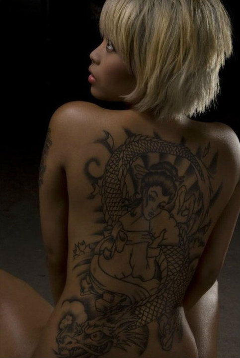 Angel and dragon tattoo on full back 