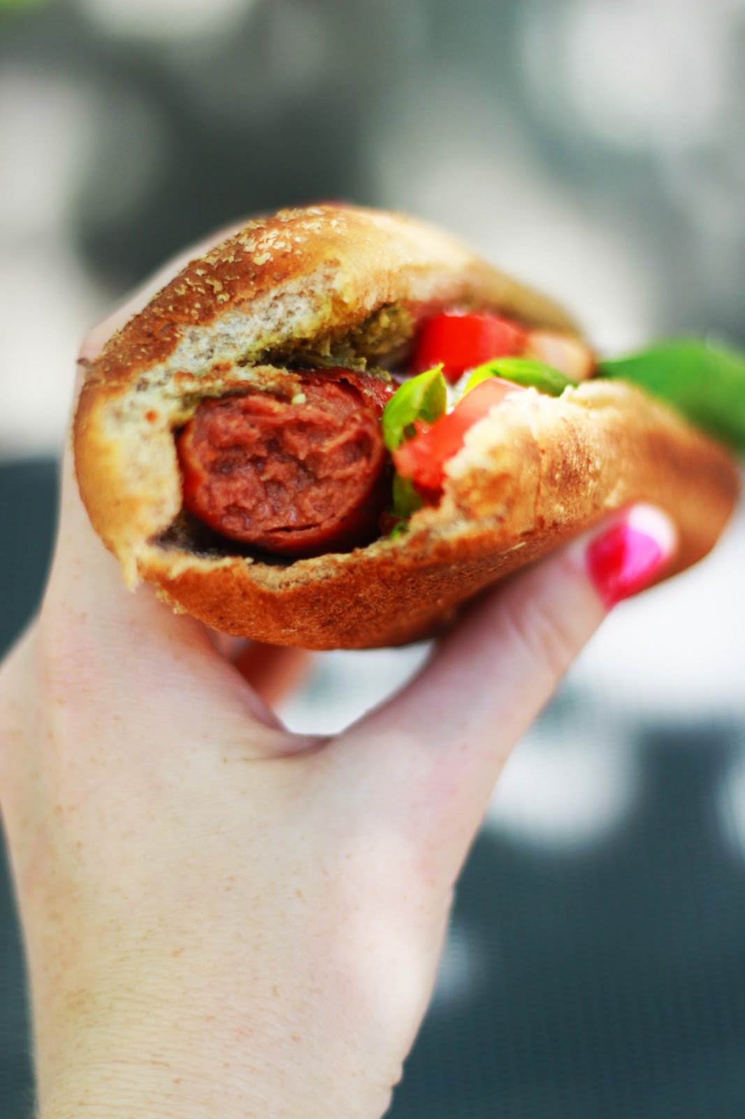 On the Menu Tomato, Basil, Pesto Hot Dogs / kelsey malie