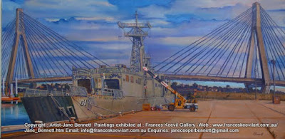oil painting of controversial ex-HMAS Adelaide' with Anzac Bridge at Glebe Island Wharves by artist Jane Bennett