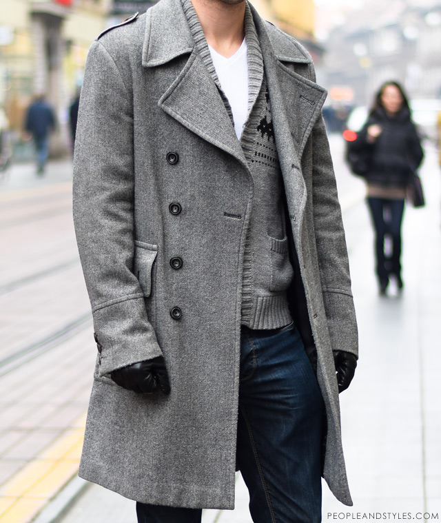 urban casual winter fashion men 2014, Man's winter cool outfit: grey coat, grey wooly cardigan, white t-shirt and jeans. Guys latest urban street style fashion outfit inspiration.