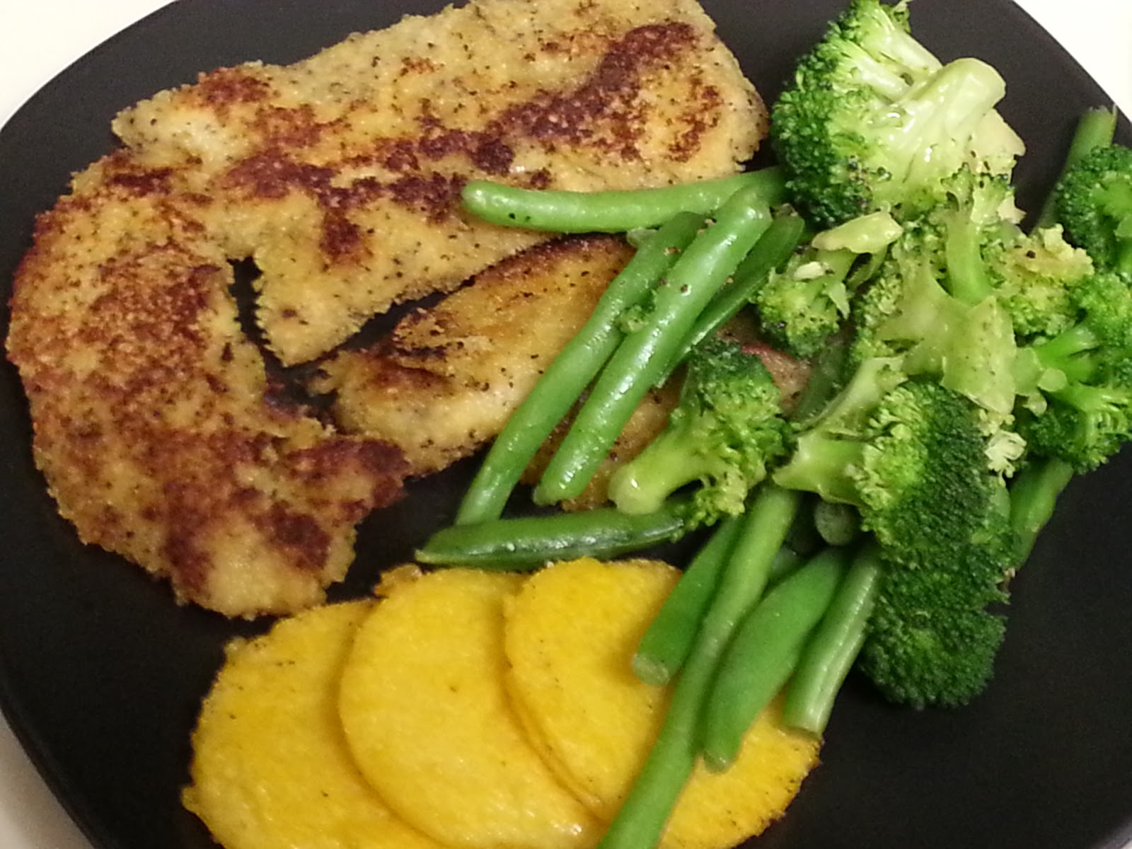 Not Faux Food Breaded Tilapia with Green Veggies and Seasoned Polenta