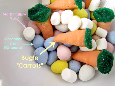 bunny munch cadbury mini eggs with bugles dipped to look like carrots in a white dish