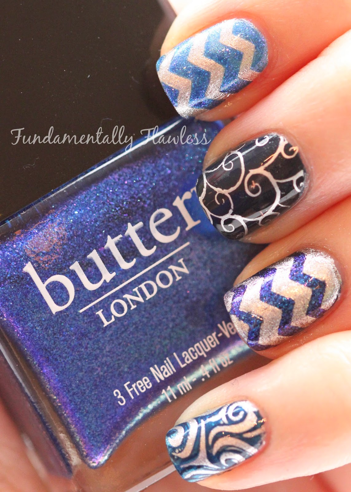 Navy Blue and Silver Nail Art with Butter London Scouse