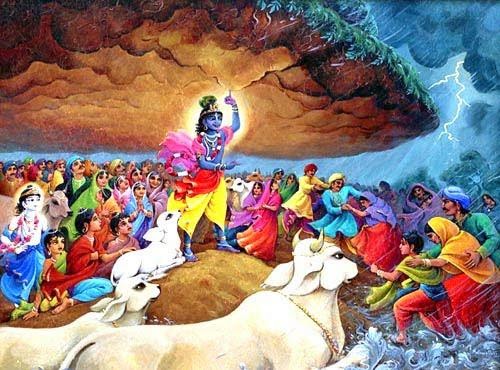 Krishna lifting Govardhan Hill on His little finger of left hand