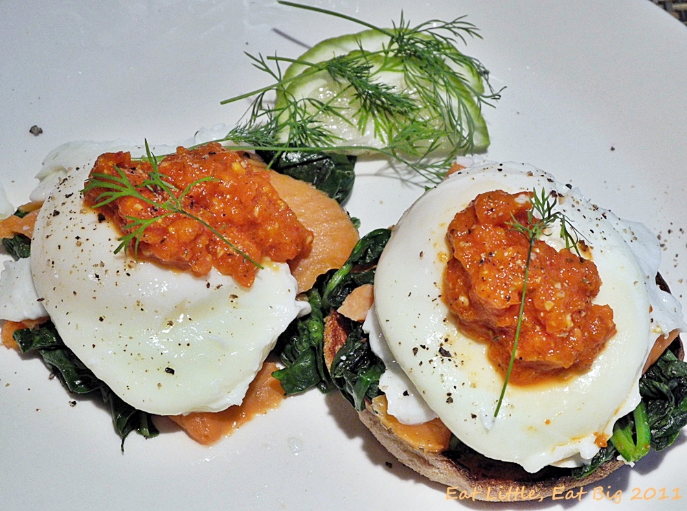 Recipe for Poached Eggs over Spinach and Salmon with Pureed Roasted Red Peppers Eat Little