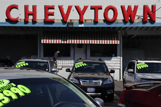 The vintage CHEVYTOWN sign at the Chevy car lot in downtown Portland, Oregon.