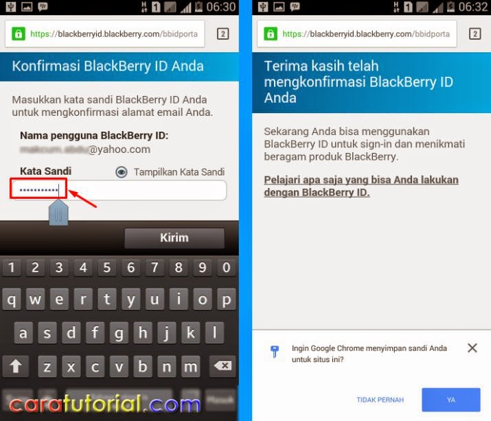 Konfirmasi Berhasil Email Blackberry Id untuk BBM android