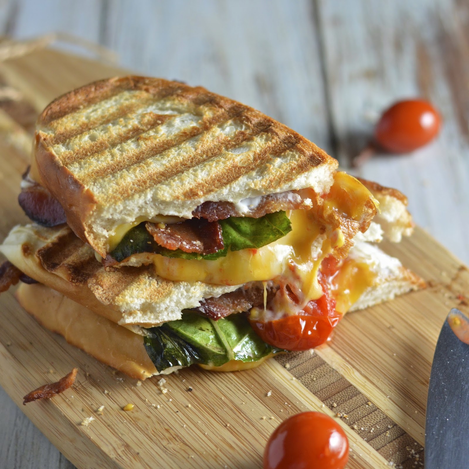 Creamy Roasted Tomato Basil Grilled Cheese with Bacon.