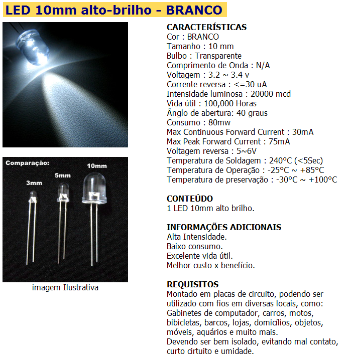 Eletronica Amador LED 10mm 20,000mcd 140,000mcd 280,000mcd