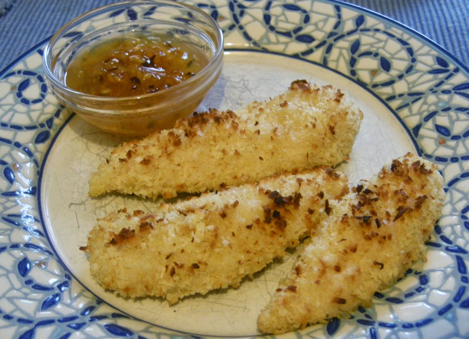 Baked Coconut Chicken fingers with Sweet & Spicy Orange Dipping Sauce