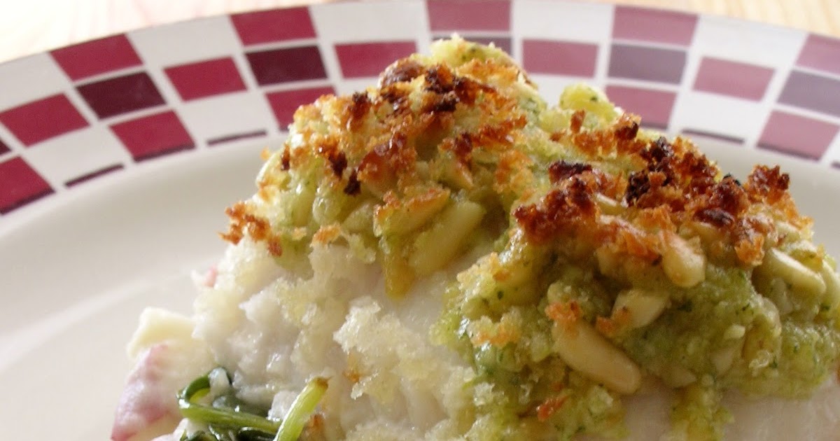 Basil Baked Halibut with Pine Nut, Parmesan and Arugula Pesto Crust