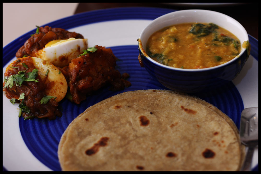 Chakkha Mittha Aloo paratha and Egg Curry with Green Chutney