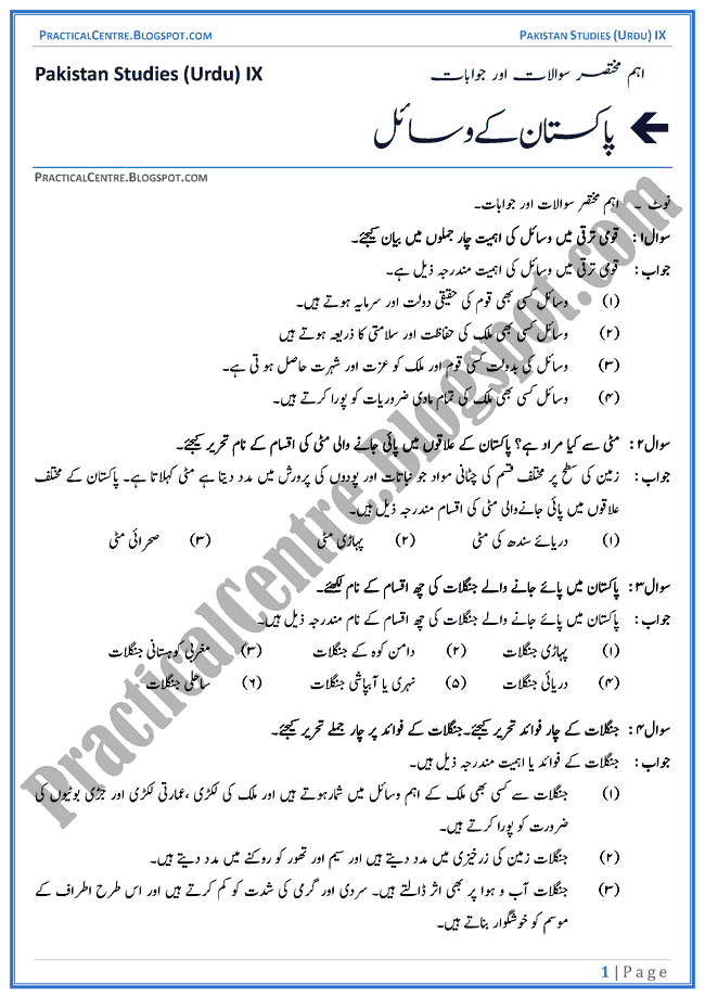 resources-of-pakistan-short-question-answers-pakistan-studies-urdu-9th