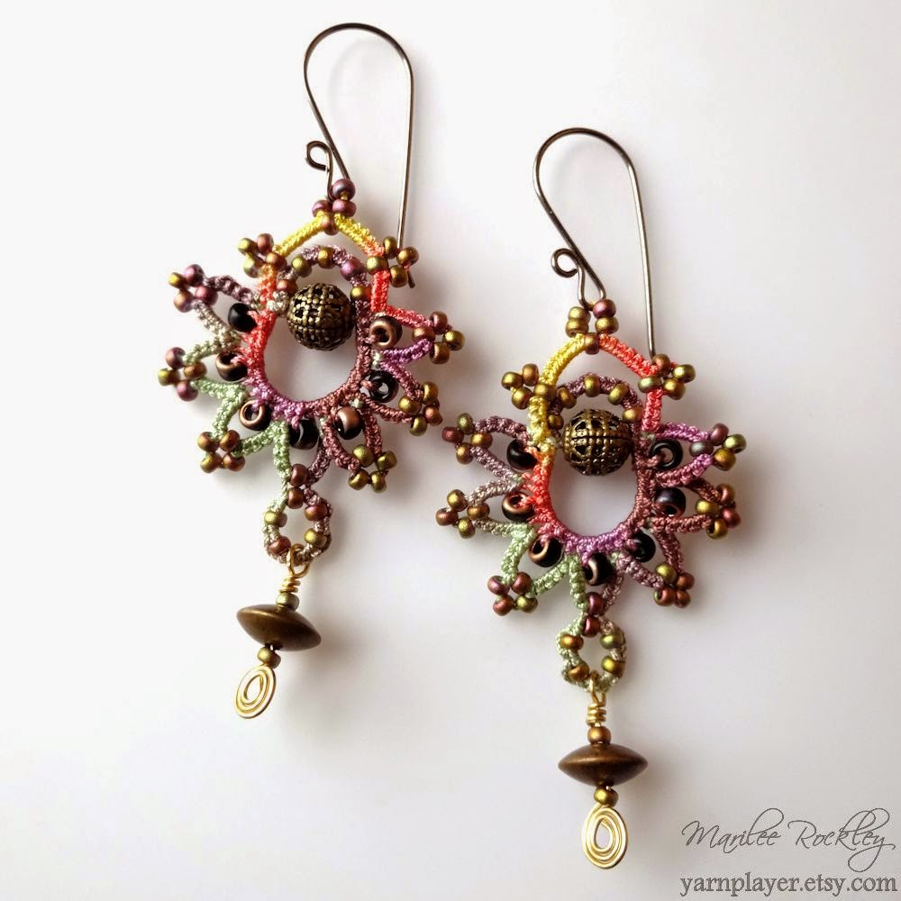 Yarnplayer's Tatting Blog Mixed Media Earrings Tatting, Beads, and Wire Wrapped Dangle