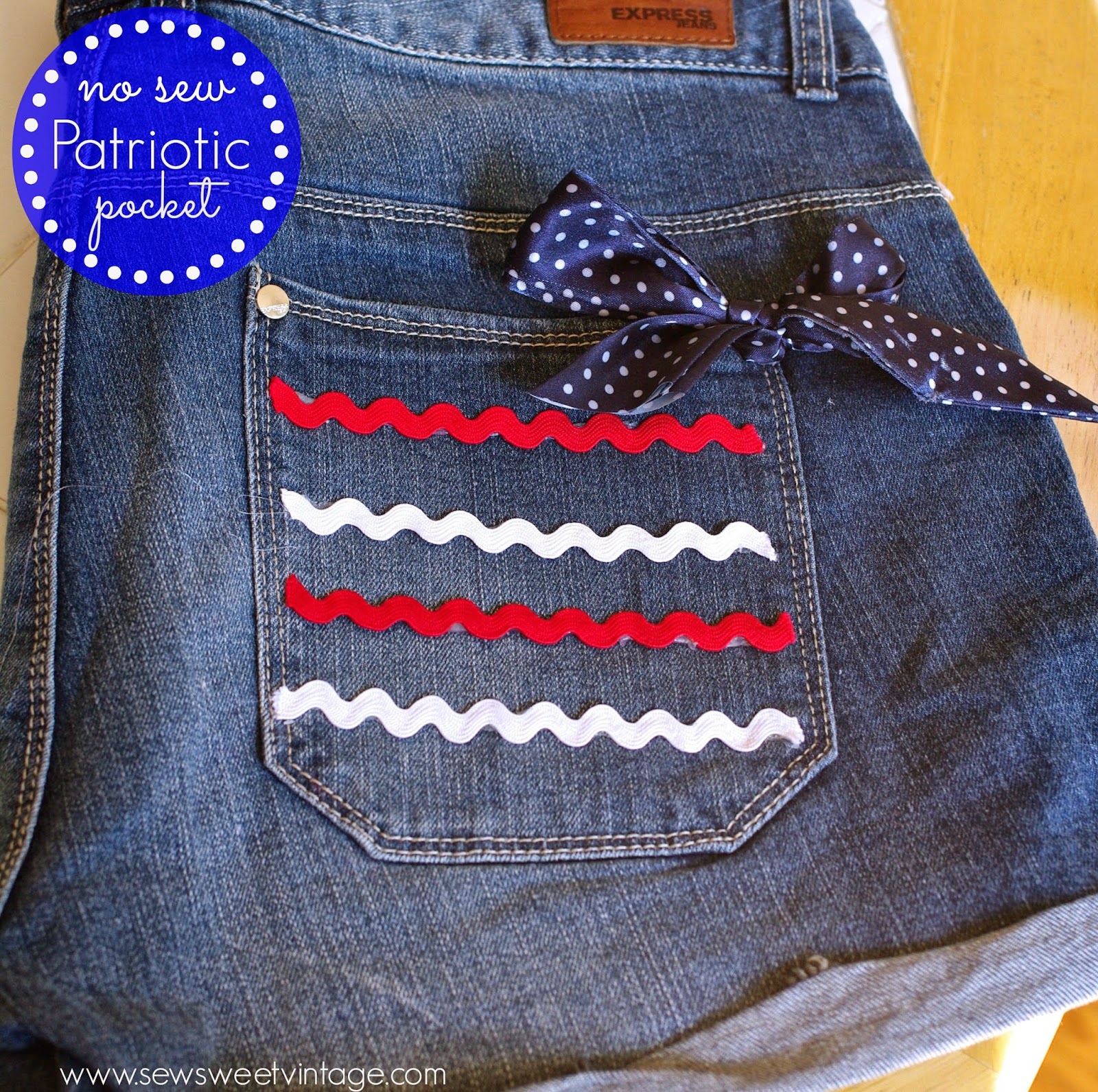 how-to make decorate your shorts with a no-sew red, white and blue, patriotic pocket for July 4th