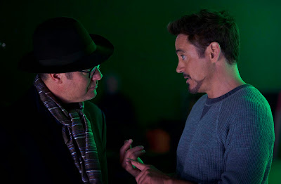 James Spader and Robert Downey Jr. on the set of Avengers: Age of Ultron