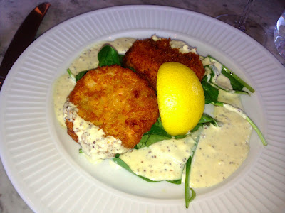 Salmon fishcakes, with spinach salad and a dill and mustard sauce, Cote Cardiff Salmon fishcakes, with spinach salad and a dill and mustard sauce, Cote Cardiff