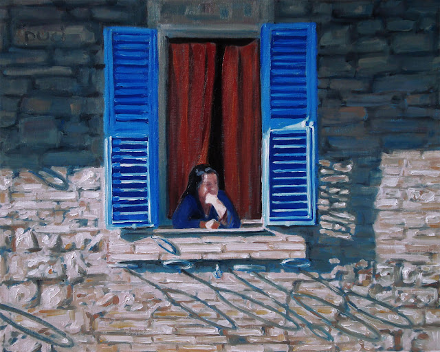 oil painting of a pensive woman looking out window, elbows outside. blue sutters open, red orange curtain behind her, brick wall with shadow shapes