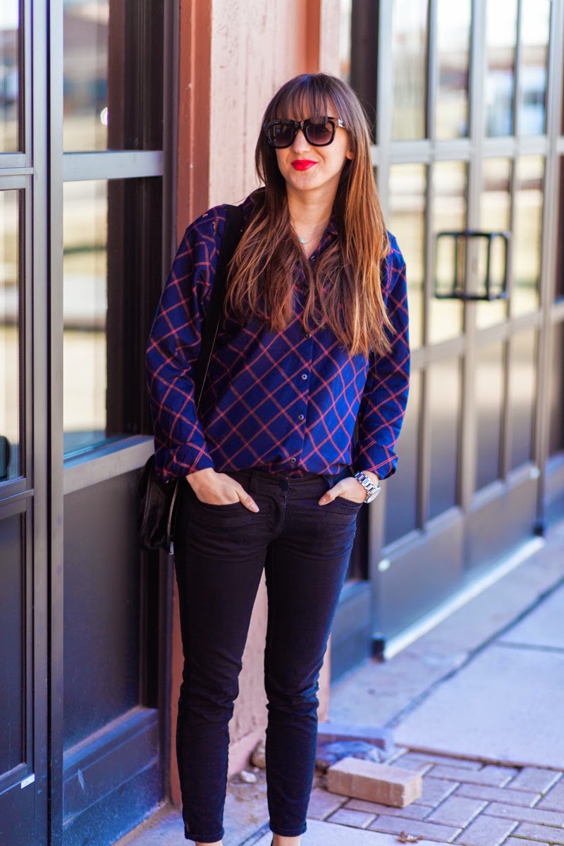 plaid shirt, studded shirt, button down shirt, mason scotch, scotch and soda, red lipstick outfit, trousers with faux leather stripe loft pants, steve madden booties, silver toed booties, long hair with bangs, kate spade watch, nashville blogger, nashville street style, fashion blogger