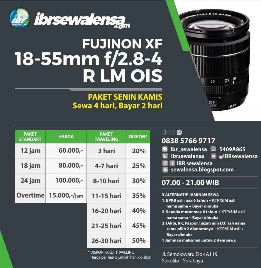 FUJINON XF 18-55mm f2.8-4 R LM OIS SEWA KAMERA RENTAL LENSA  IBR sewa lensa surabaya