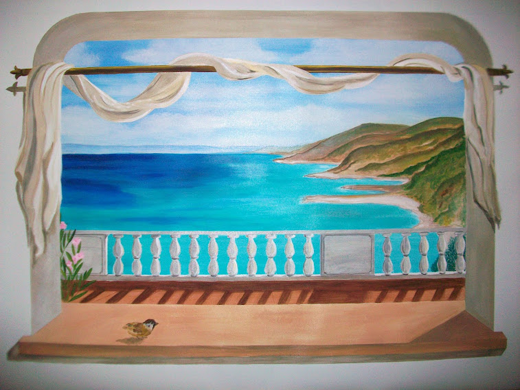 Trompe l-oeil  : finta finestra sul mare con passerotto