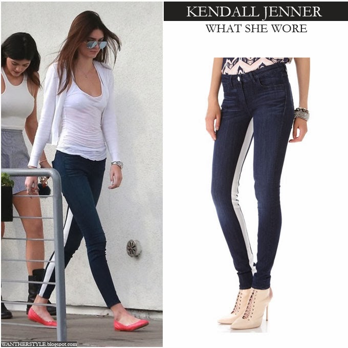 Who made Kendall Jenner's print top, blue jeans, white ankle boots, key  chain…