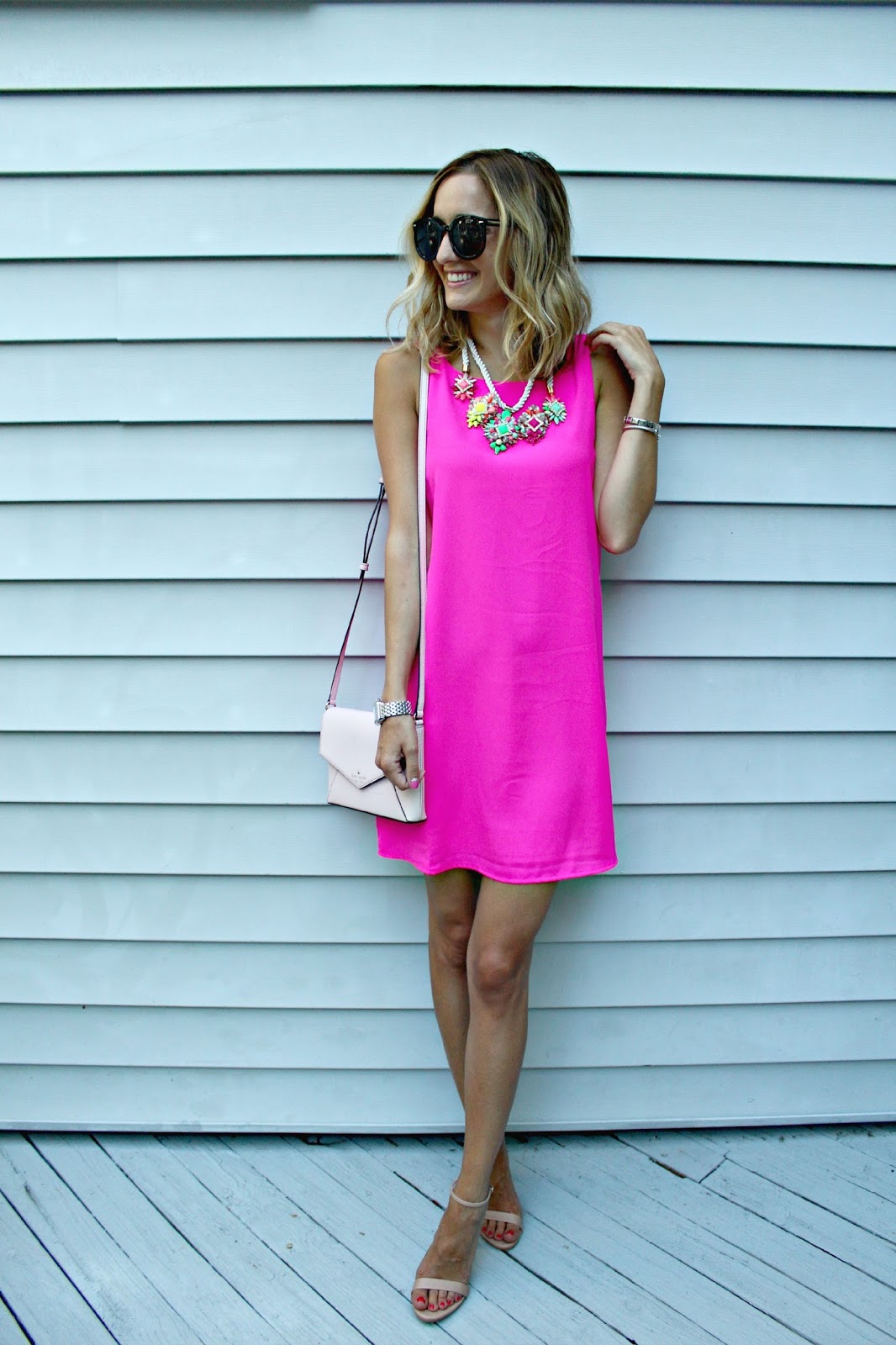 neon pink shift dress