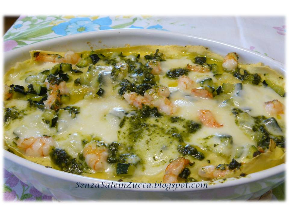 Senza Sale in Zucca Lasagne zucchine, gamberi, bufala e pesto di