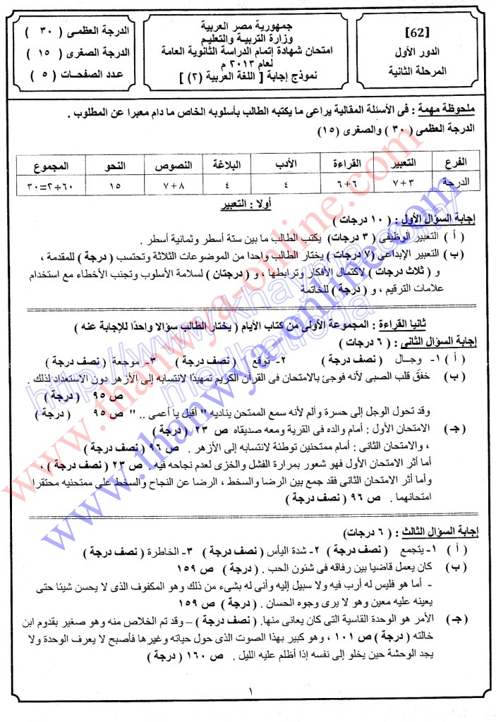 نموذج الوزارة الرسمي لاجابة اللغة العربية الثانوية العامة 2013  M++m+1