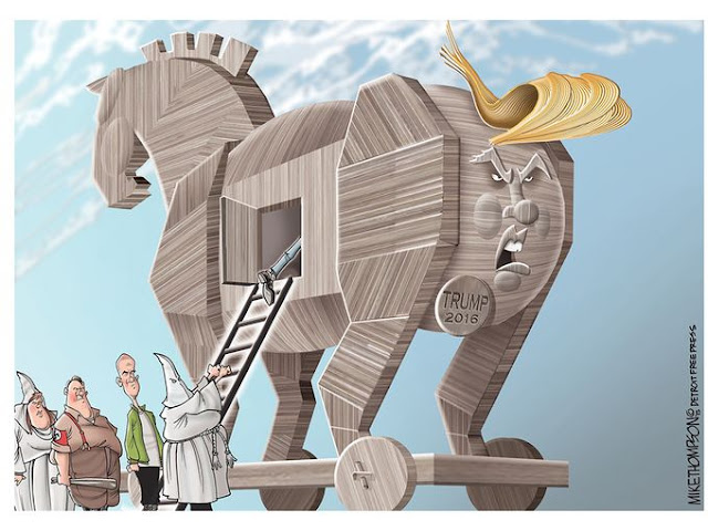 Trojan Horse being boarded by KKK members etc.  Horse's rear end looks like Donald Trump's face.