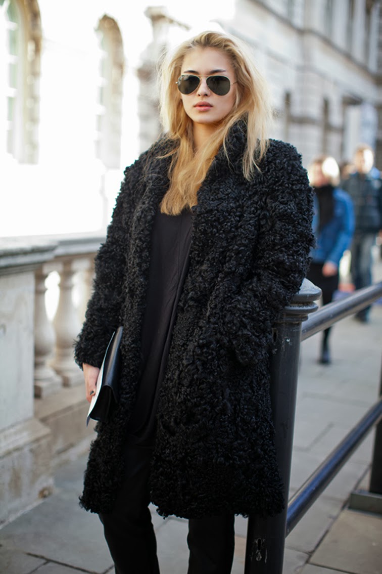 Black boulce furry fur coat model off duty Black boulce furry fur coat model off duty